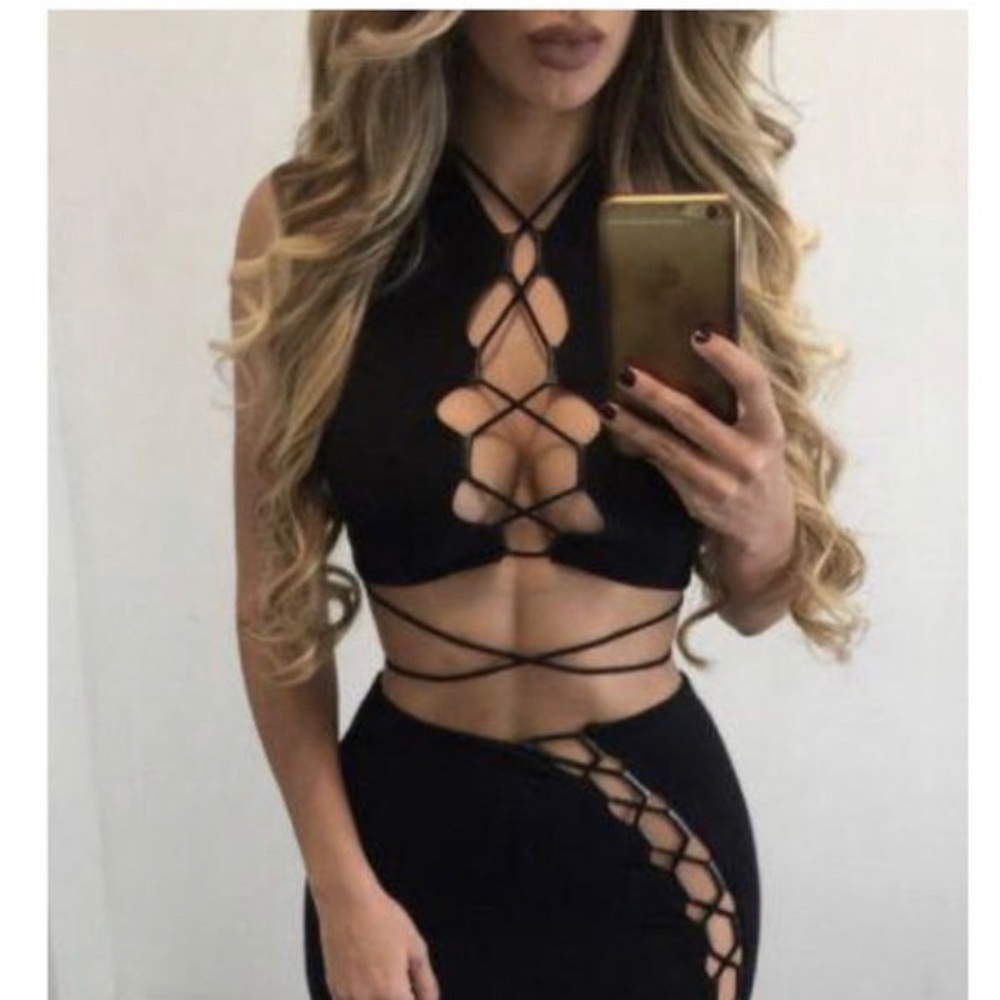 NWT Black 2 Piece Skirt Top Fashion Set S M L XL